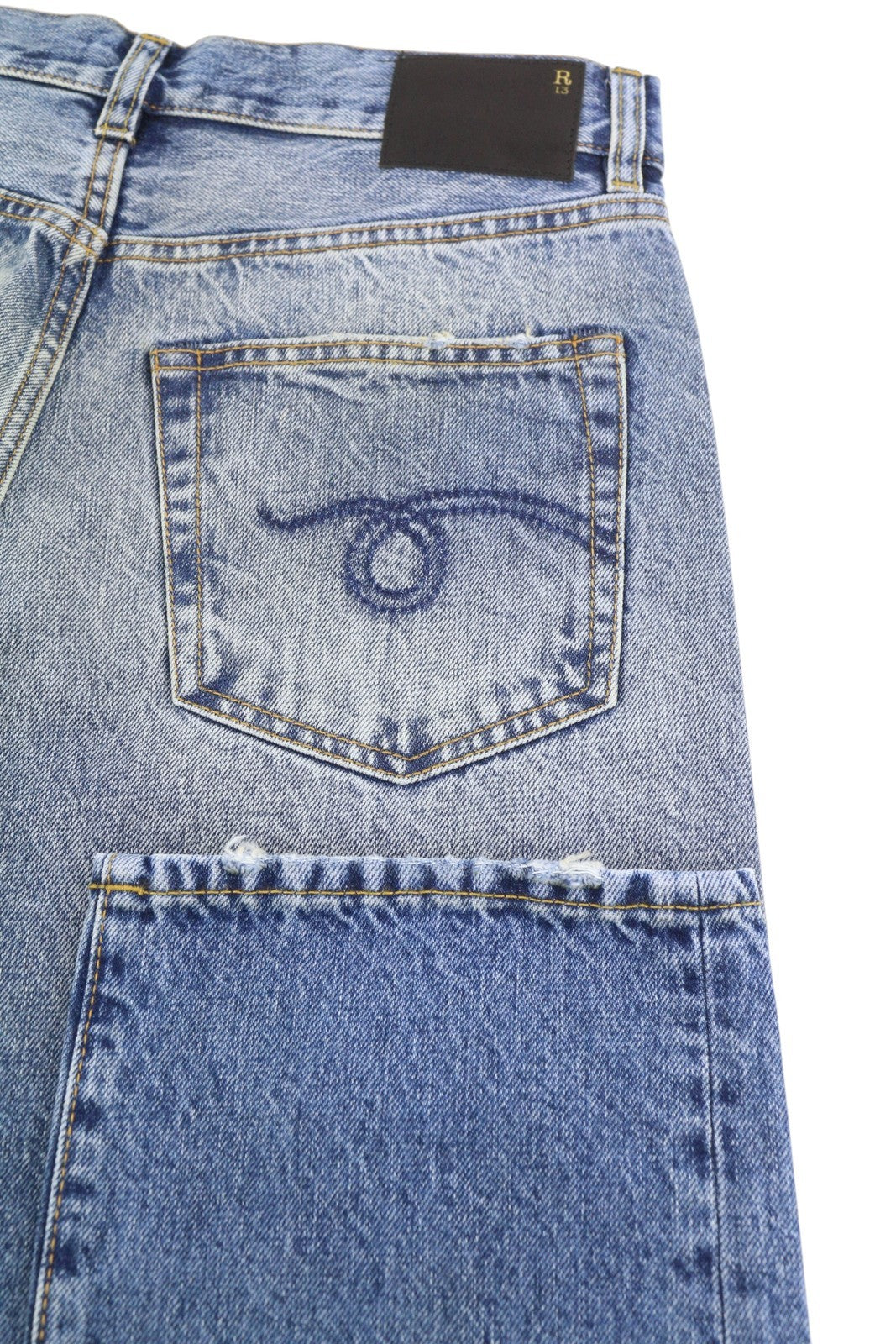 R13 Boyfriend Women Jeans 25 Jasper Whiskers Faded Cropped Zip Blue Denim PF25