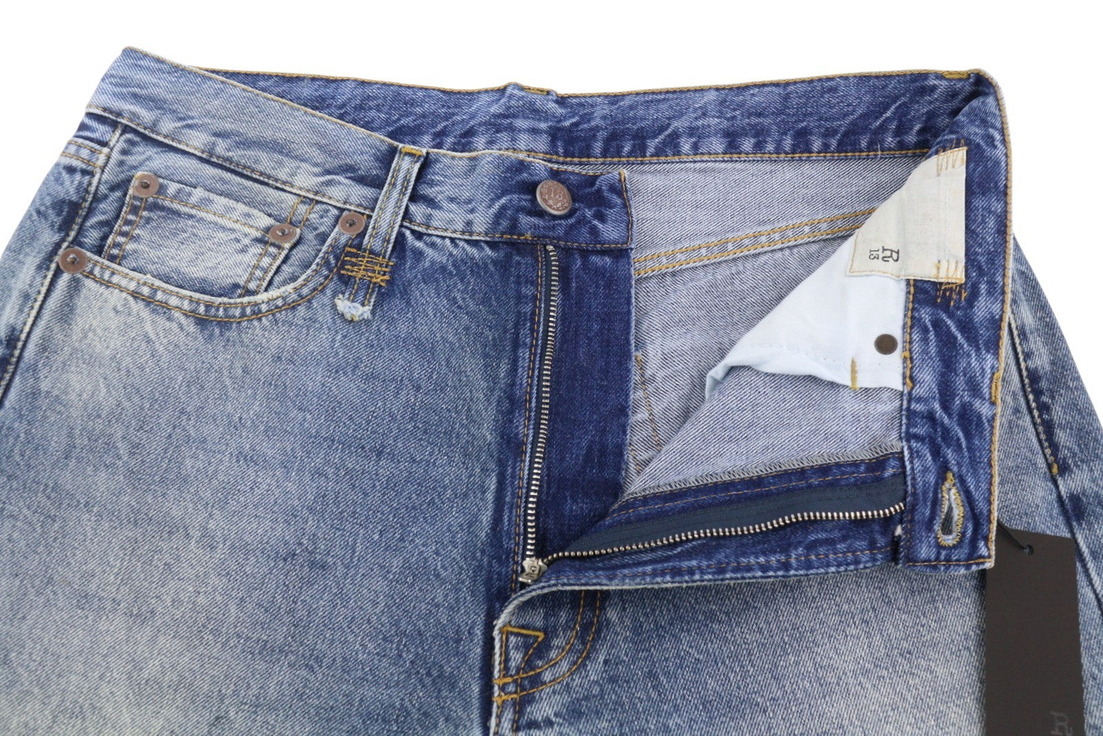 R13 Boyfriend Women Jeans 28 Jasper Whiskers Faded Cropped Zip Blue Denim PF25