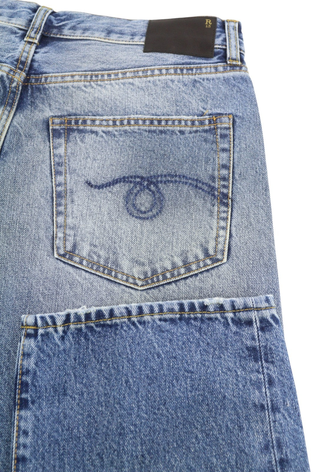 R13 Boyfriend Women Jeans 28 Jasper Whiskers Faded Cropped Zip Blue Denim PF25