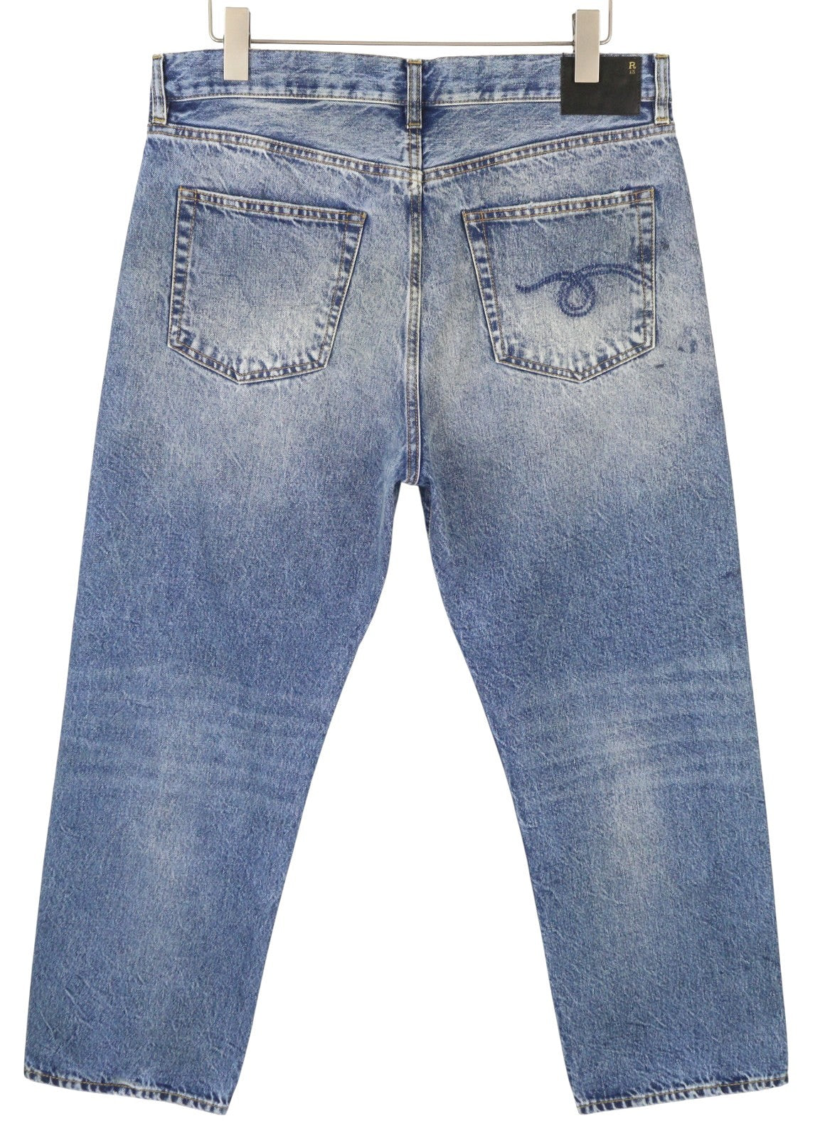 R13 Boyfriend Women Jeans 30 Jasper Straight Fit Whiskers Faded Ankle Blue PF25