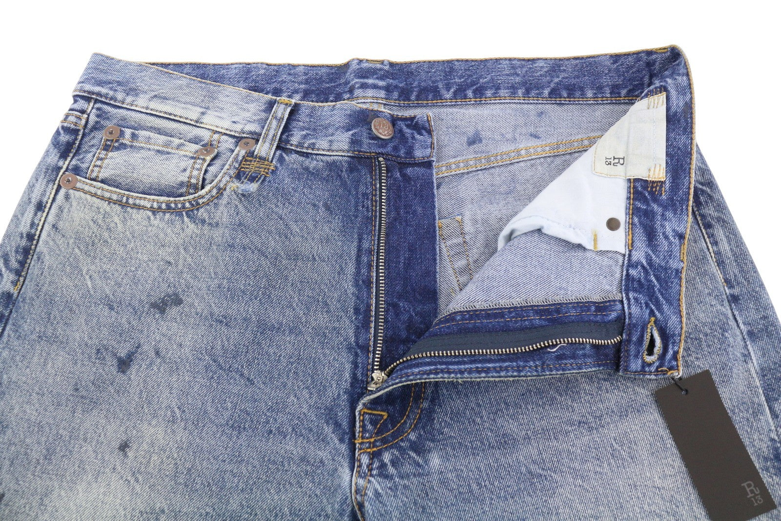 R13 Boyfriend Women Jeans 30 Jasper Straight Fit Whiskers Faded Ankle Blue PF25