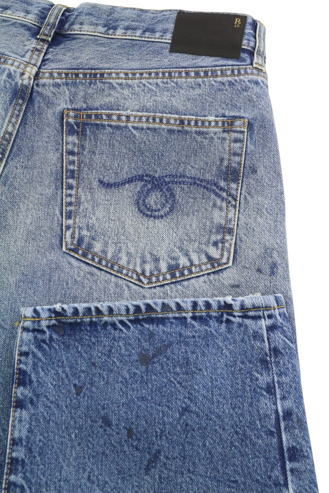 R13 Boyfriend Women Jeans 30 Jasper Straight Fit Whiskers Faded Ankle Blue PF25