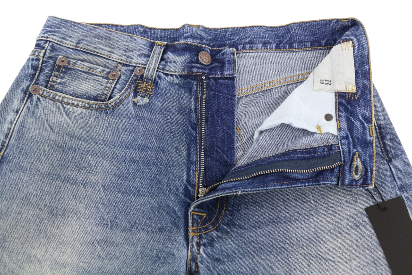 R13 Boyfriend Women Jeans 26 Jasper Straight Fit Whiskers Faded Ankle Blue PF25