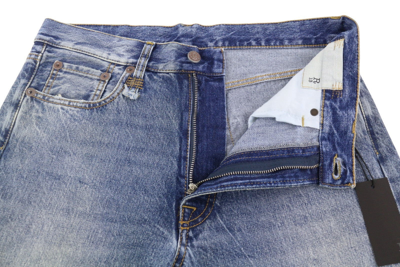 R13 Boyfriend Women Jeans 27 Jasper Straight Fit Whiskers Faded Ankle Blue PF25