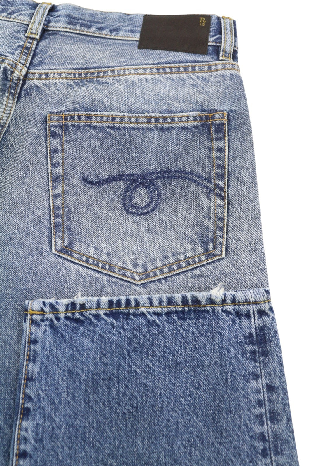 R13 Boyfriend Women Jeans 27 Jasper Straight Fit Whiskers Faded Ankle Blue PF25