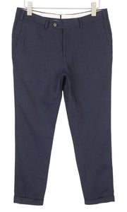 SUITSUPPLY Brescia Men Trousers ~W33 Dark Blue Linen Turn-Up Tapered Fit Flat
