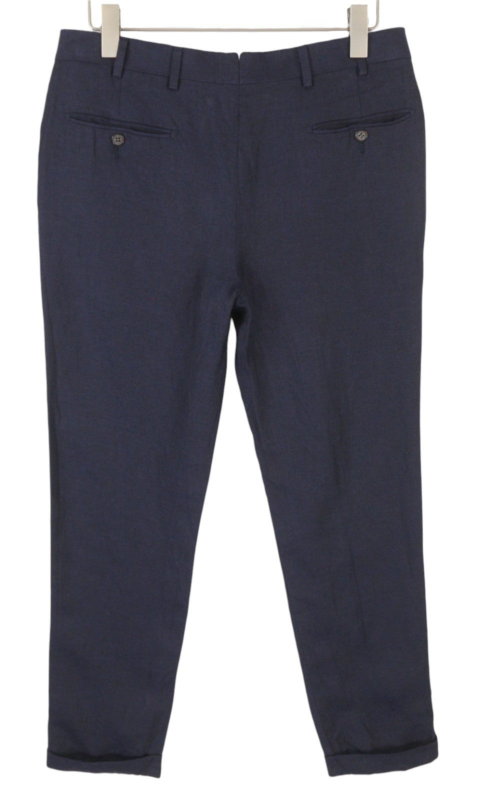 SUITSUPPLY Brescia Men Trousers ~W33 Dark Blue Linen Turn-Up Tapered Fit Flat