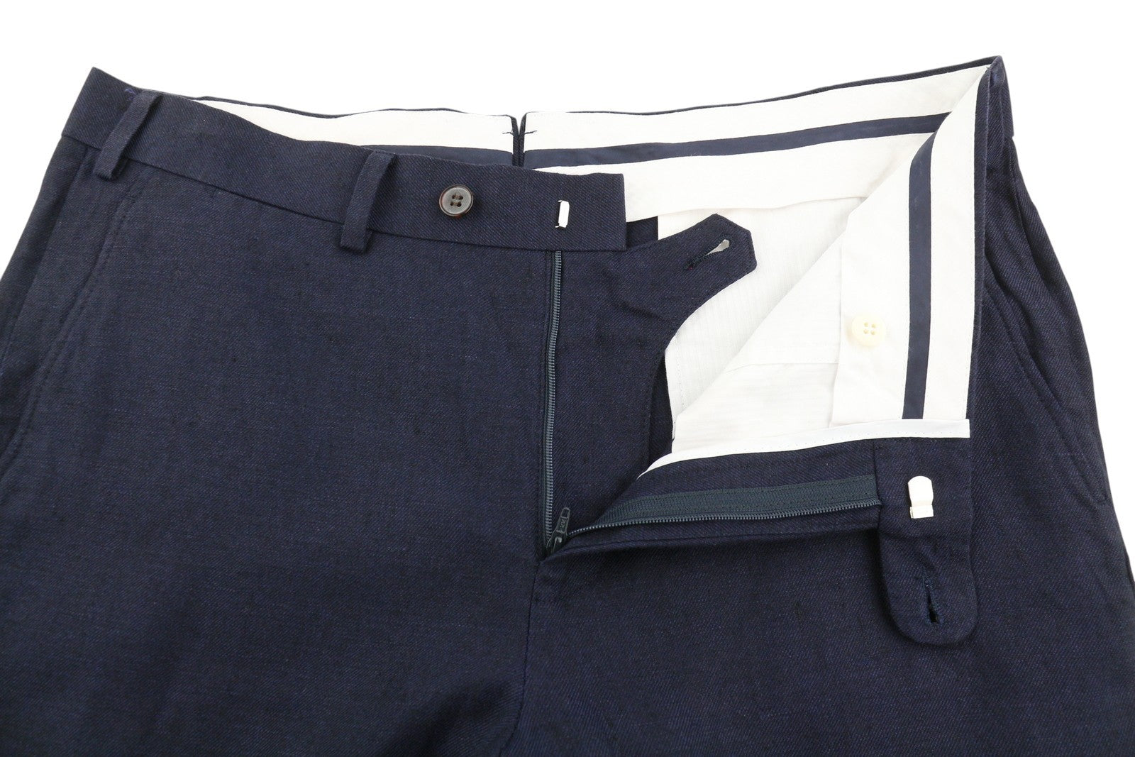 SUITSUPPLY Brescia Men Trousers ~W33 Dark Blue Linen Turn-Up Tapered Fit Flat