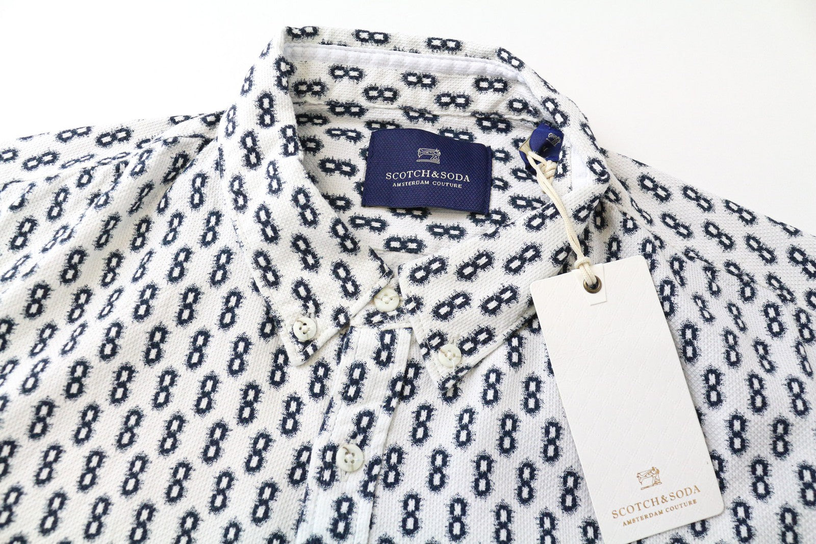 SCOTCH & SODA Men's Shirt M White Abstract Pattern Pure Cotton Button-Down