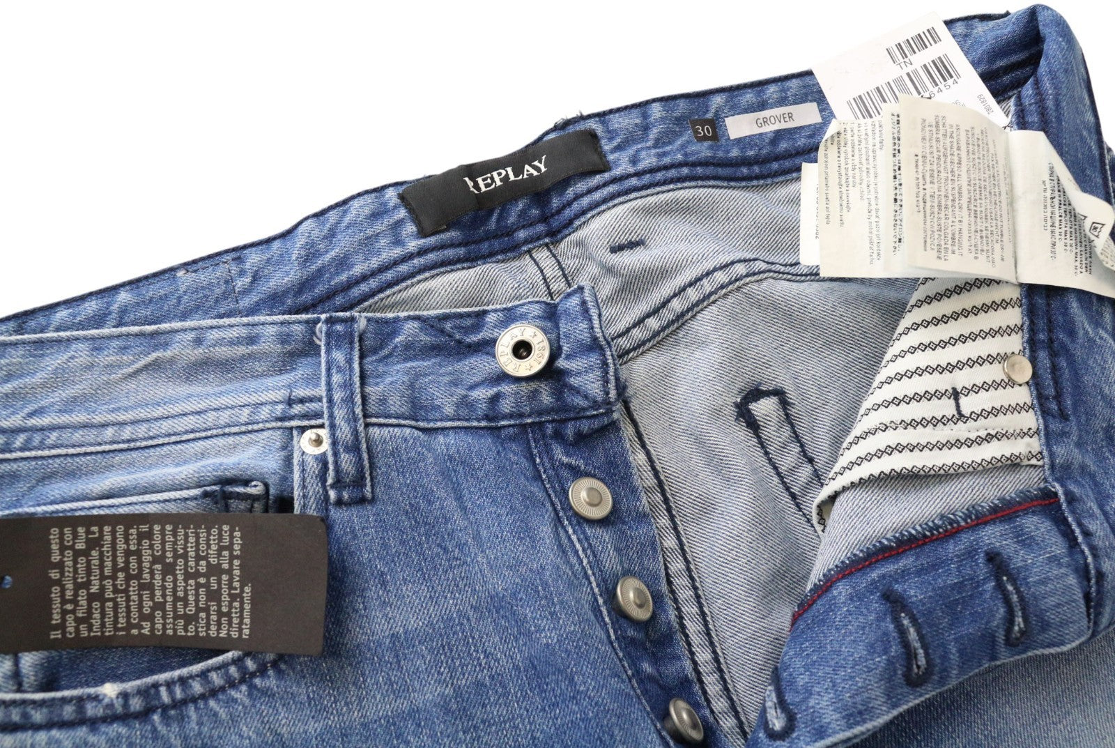 REPLAY Grover Men's Jeans W30/L34 Light Blue Straight Non-Stretch Button Fly