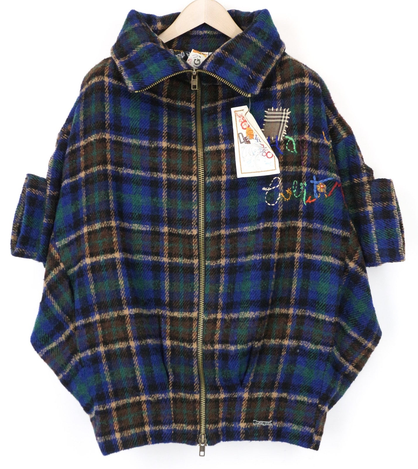 DESIGUAL Women's Coat 40 Blue Checked Tartan Wool Blend Kimono Relaxed Neck