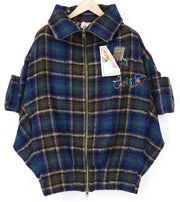 DESIGUAL Women's Coat 40 Blue Checked Tartan Wool Blend Kimono Relaxed Neck