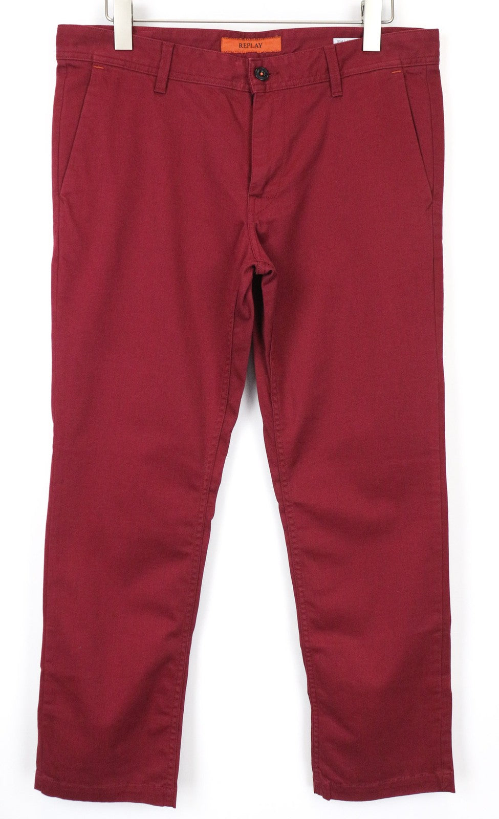 REPLAY Tom Men's Trousers W34/L30 Red Stretch Chino Straight Leg Zip Classic