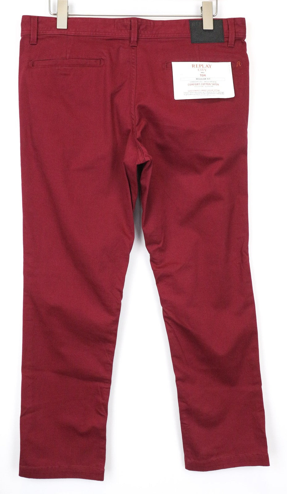 REPLAY Tom Men's Trousers W34/L30 Red Stretch Chino Straight Leg Zip Classic