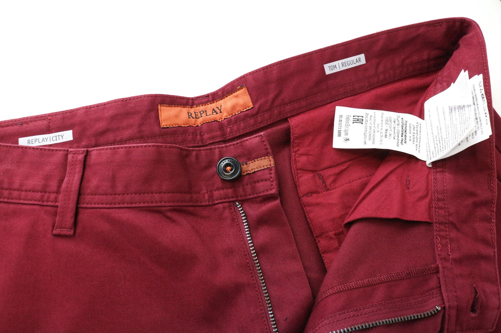 REPLAY Tom Men's Trousers W34/L30 Red Stretch Chino Straight Leg Zip Classic