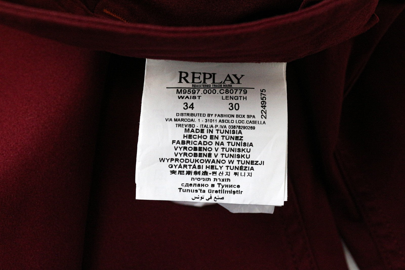 REPLAY Tom Men's Trousers W34/L30 Red Stretch Chino Straight Leg Zip Classic