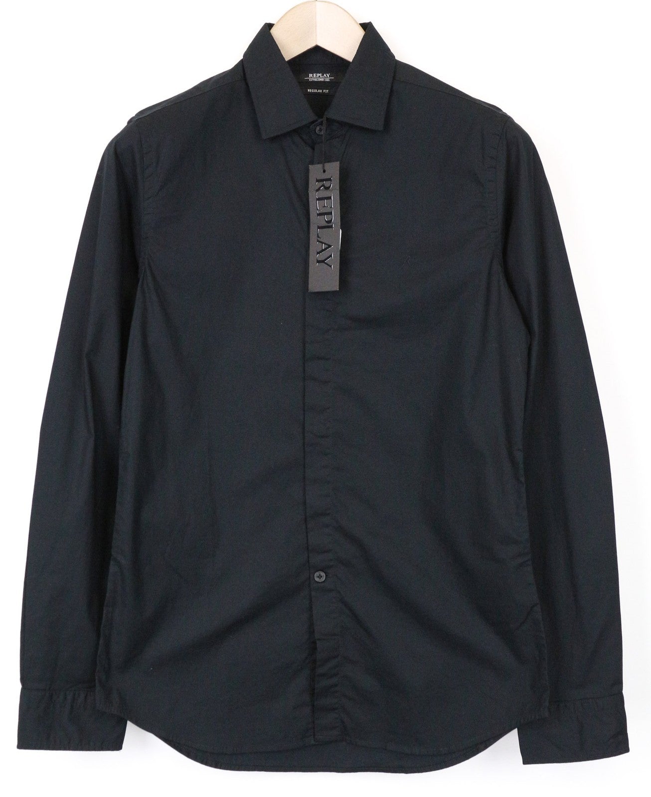 REPLAY Men's Shirt S Black Solid Stretch Cotton Blend Button-Up Spread Collar