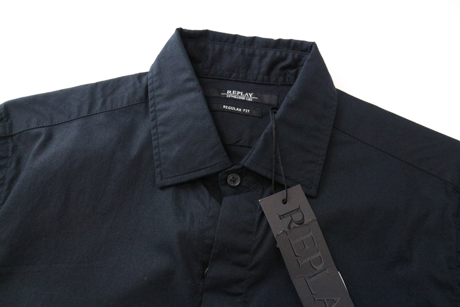 REPLAY Men's Shirt S Black Solid Stretch Cotton Blend Button-Up Spread Collar