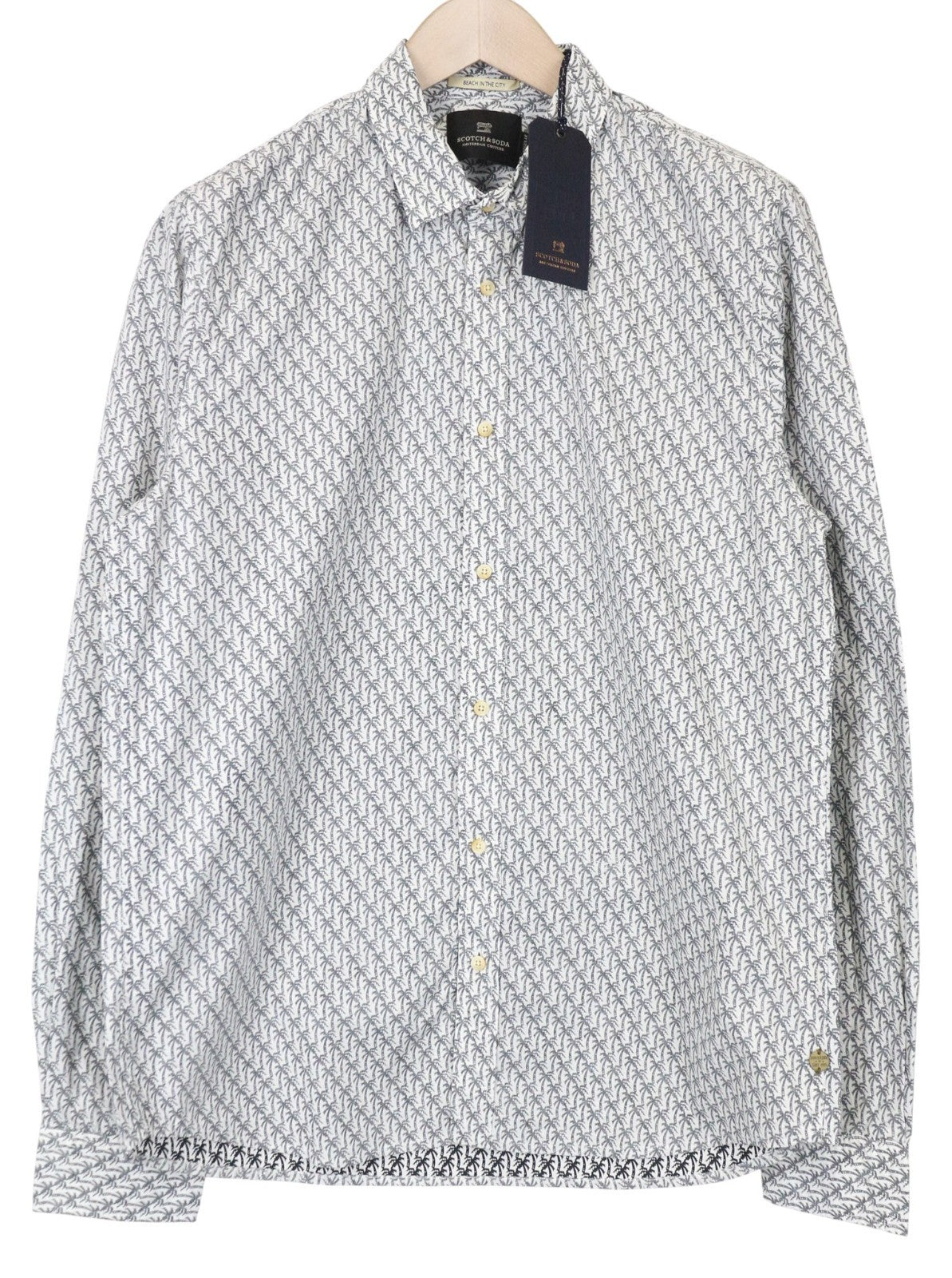 SCOTCH & SODA Men's Shirt L Light Grey Palm Tree Print Pure Cotton Casual