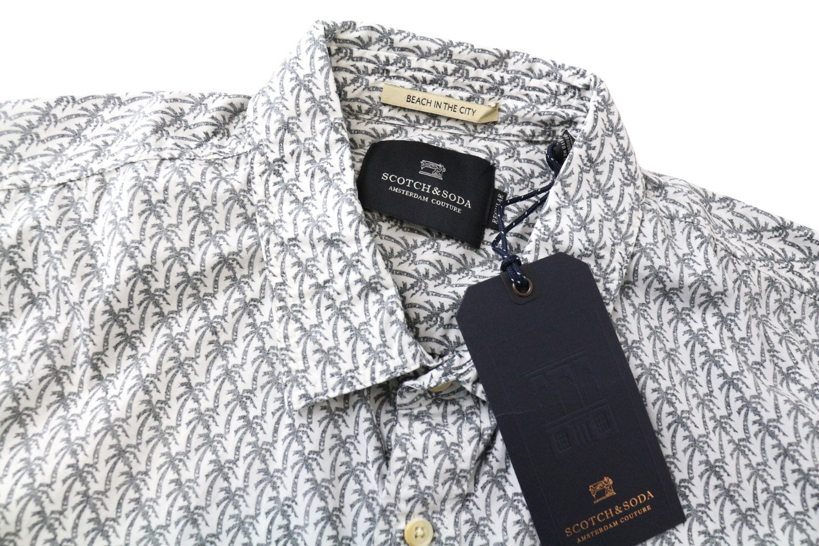 SCOTCH & SODA Men's Shirt L Light Grey Palm Tree Print Pure Cotton Casual