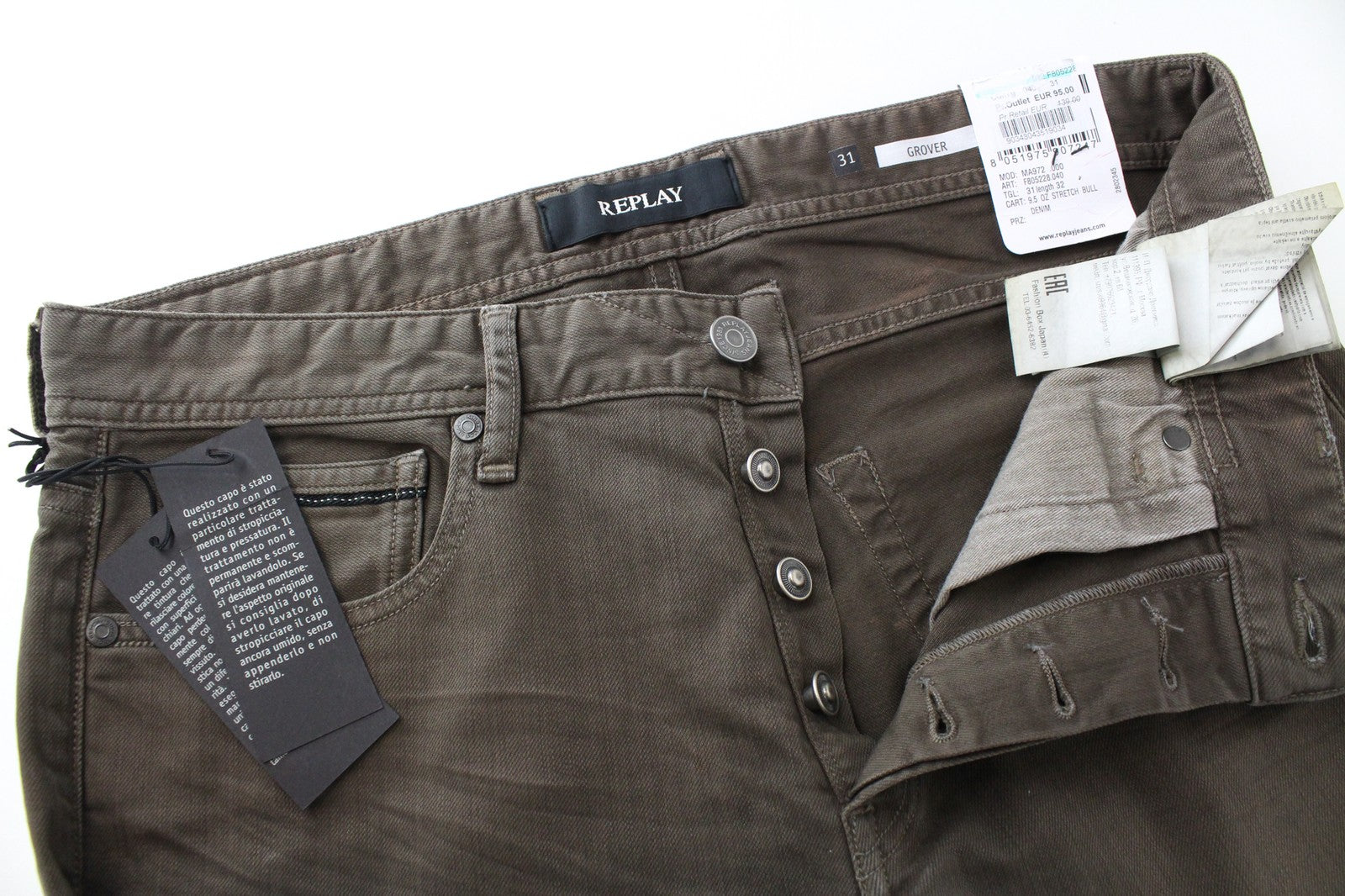 REPLAY Grover W31/L32 Brown Washed Straight Fit Cotton Stretch Button-Fly