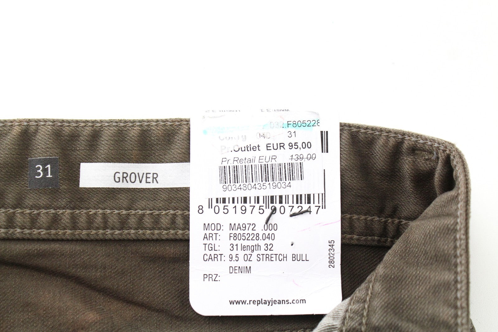 REPLAY Grover W31/L32 Brown Washed Straight Fit Cotton Stretch Button-Fly