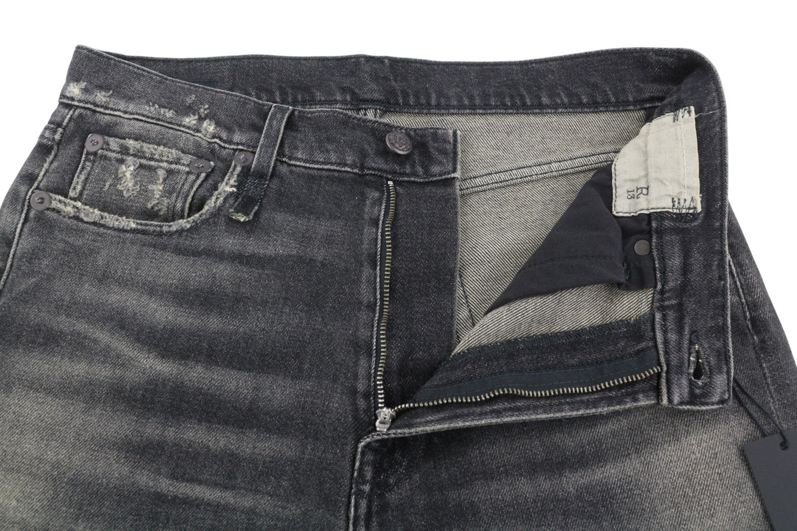 R13 Boyfriend Women Jeans 28 Abbey Black Faded Distress Ripped Straight Fit FW25