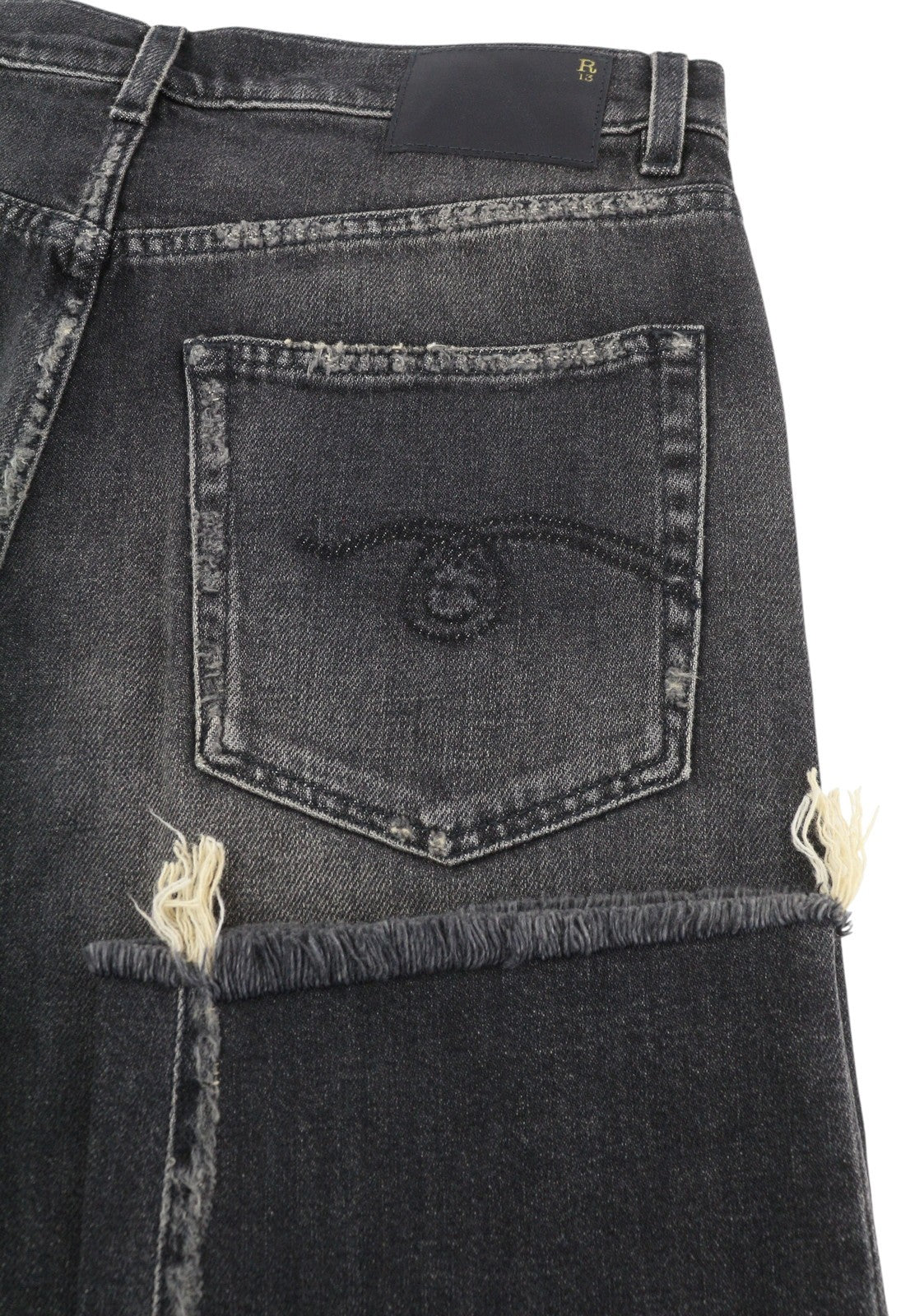 R13 Boyfriend Women Jeans 28 Abbey Black Faded Distress Ripped Straight Fit FW25