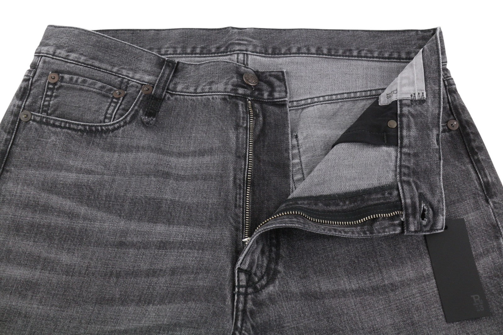 R13 Boyfriend Women Jeans 31 Wilson Black Whiskers Faded Denim Cropped Zip PS25