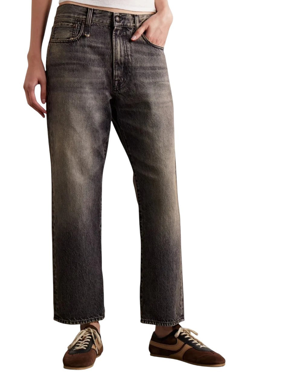 R13 Boyfriend Women Jeans 29 Leyton Black Faded Cropped Straight Fit Zip FW25