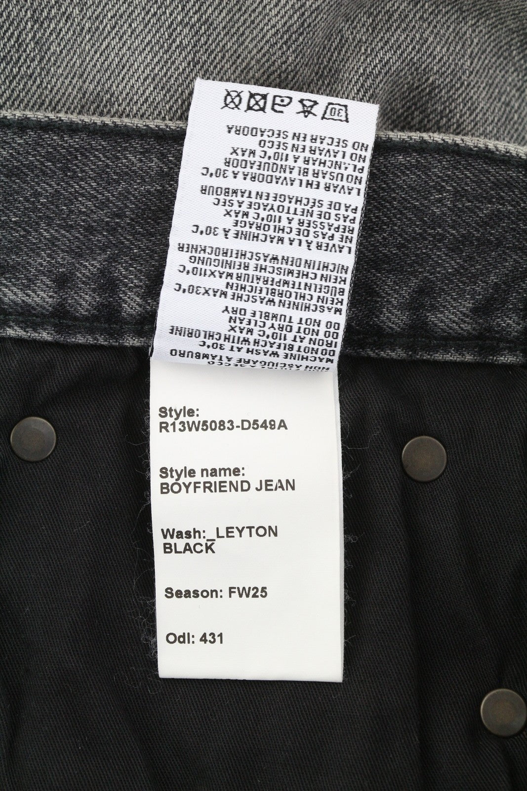 R13 Boyfriend Women Jeans 29 Leyton Black Faded Cropped Straight Fit Zip FW25