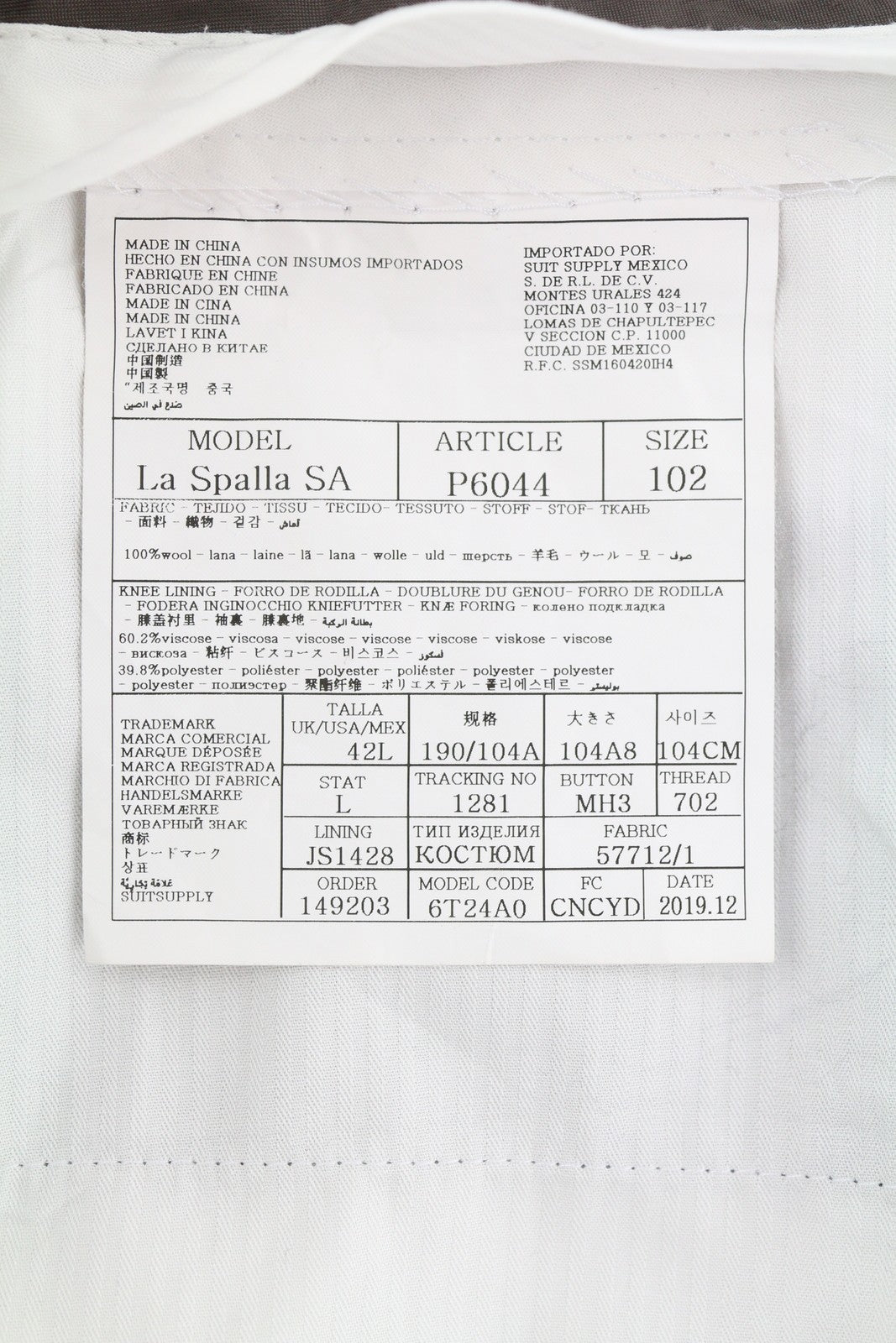 SUITSUPPLY La Spalla SA Men Trousers UK42L Grey Wool Plaid Tapered Fit Zip Fly