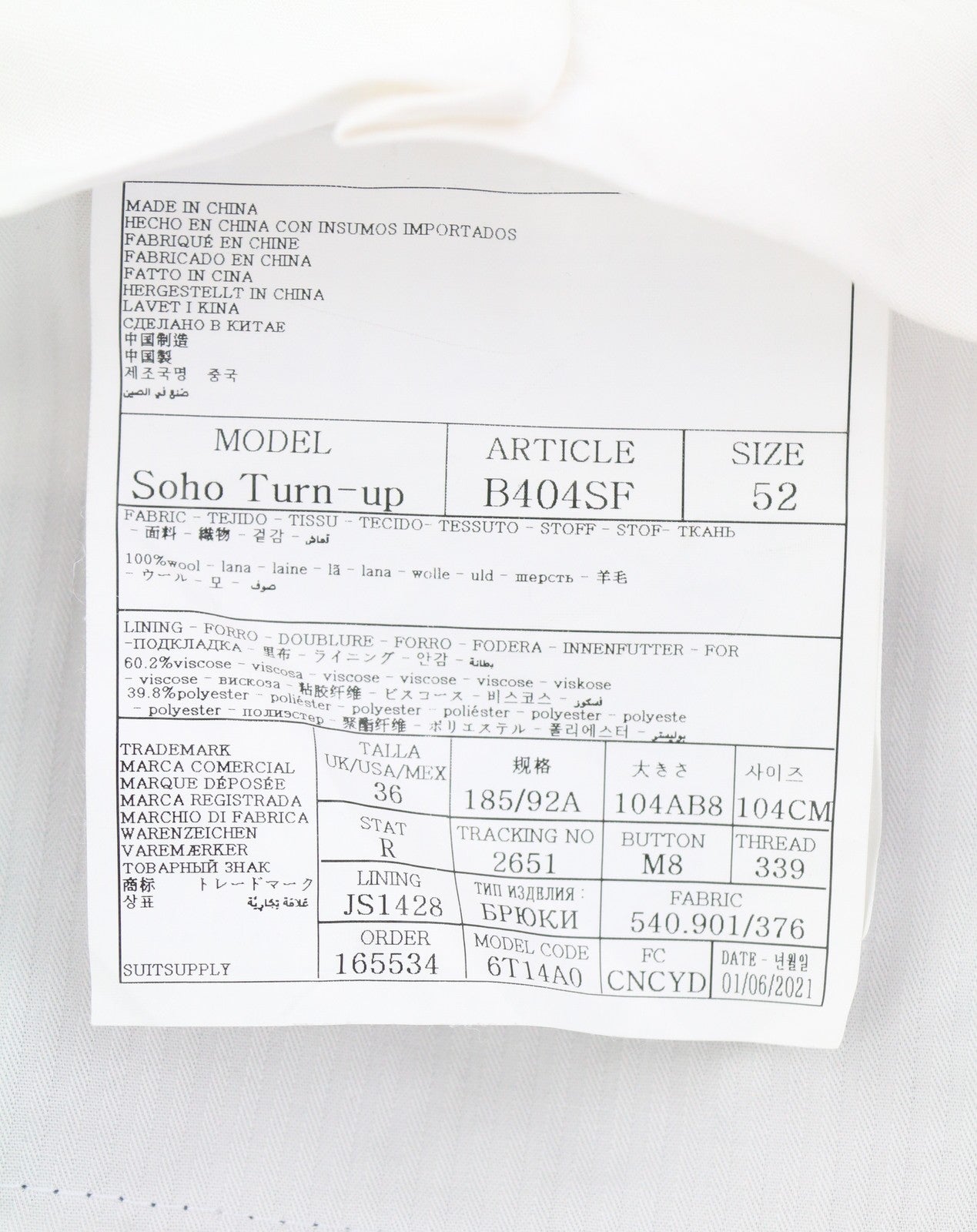 SUITSUPPLY Soho Turn-Up Men Trousers UK32R Blue Pure Wool S120 Tapered Fit Zip