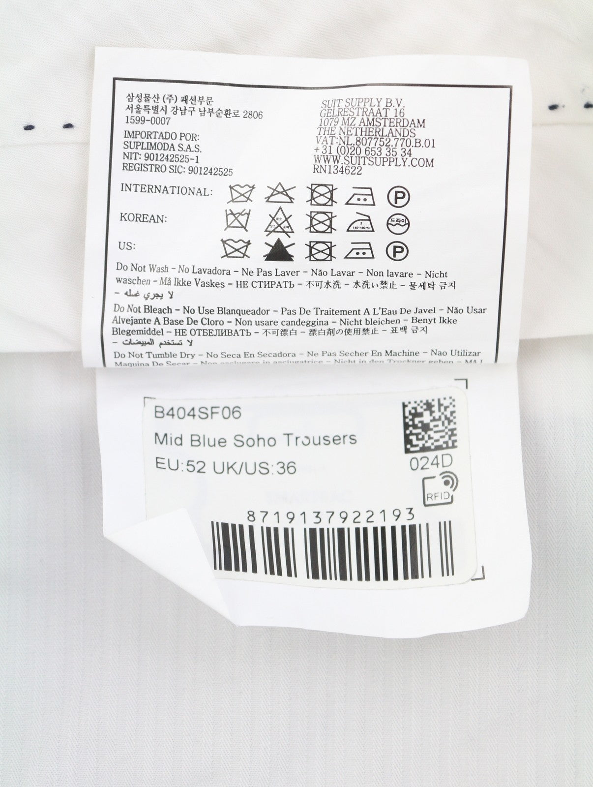 SUITSUPPLY Soho Turn-Up Men Trousers UK32R Blue Pure Wool S120 Tapered Fit Zip