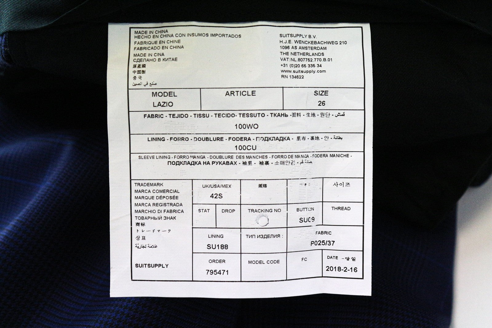 SUITSUPPLY Lazio Men's Trousers UK42S Blue Wool Checked Pleated Smart Cut