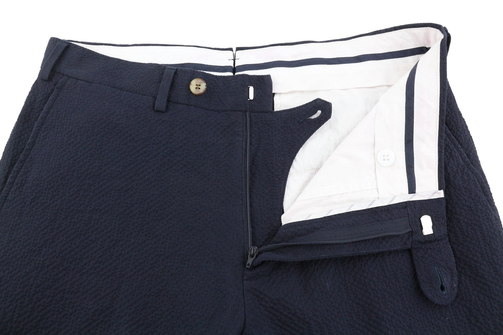 SUITSUPPLY Brescia Slim Fit Men Trousers UK36R Dark Blue Seersucker Texture Zip