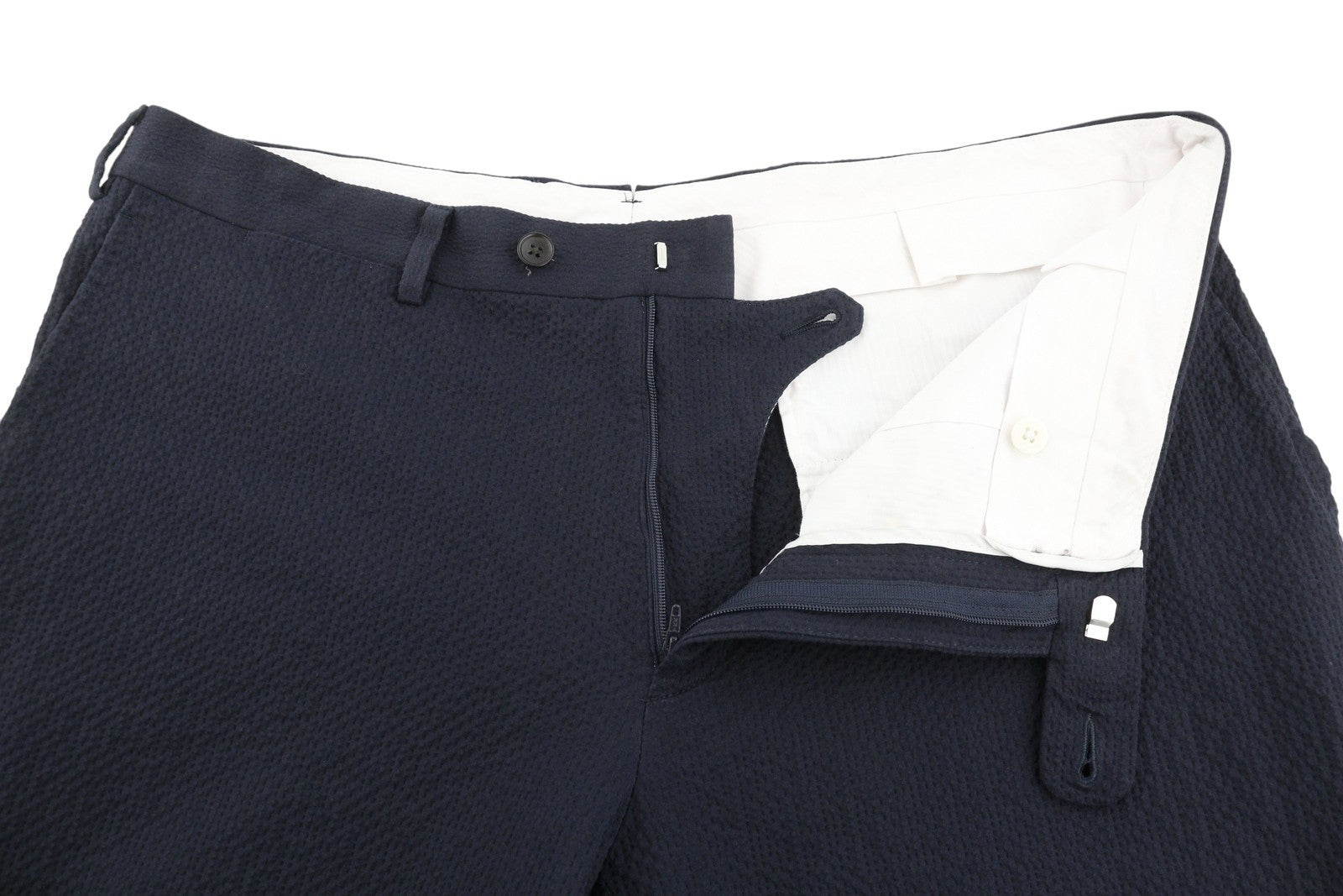 SUITSUPPLY Soho Men Trousers UK46R Dark Blue Seersucker Texture Tapered Fit