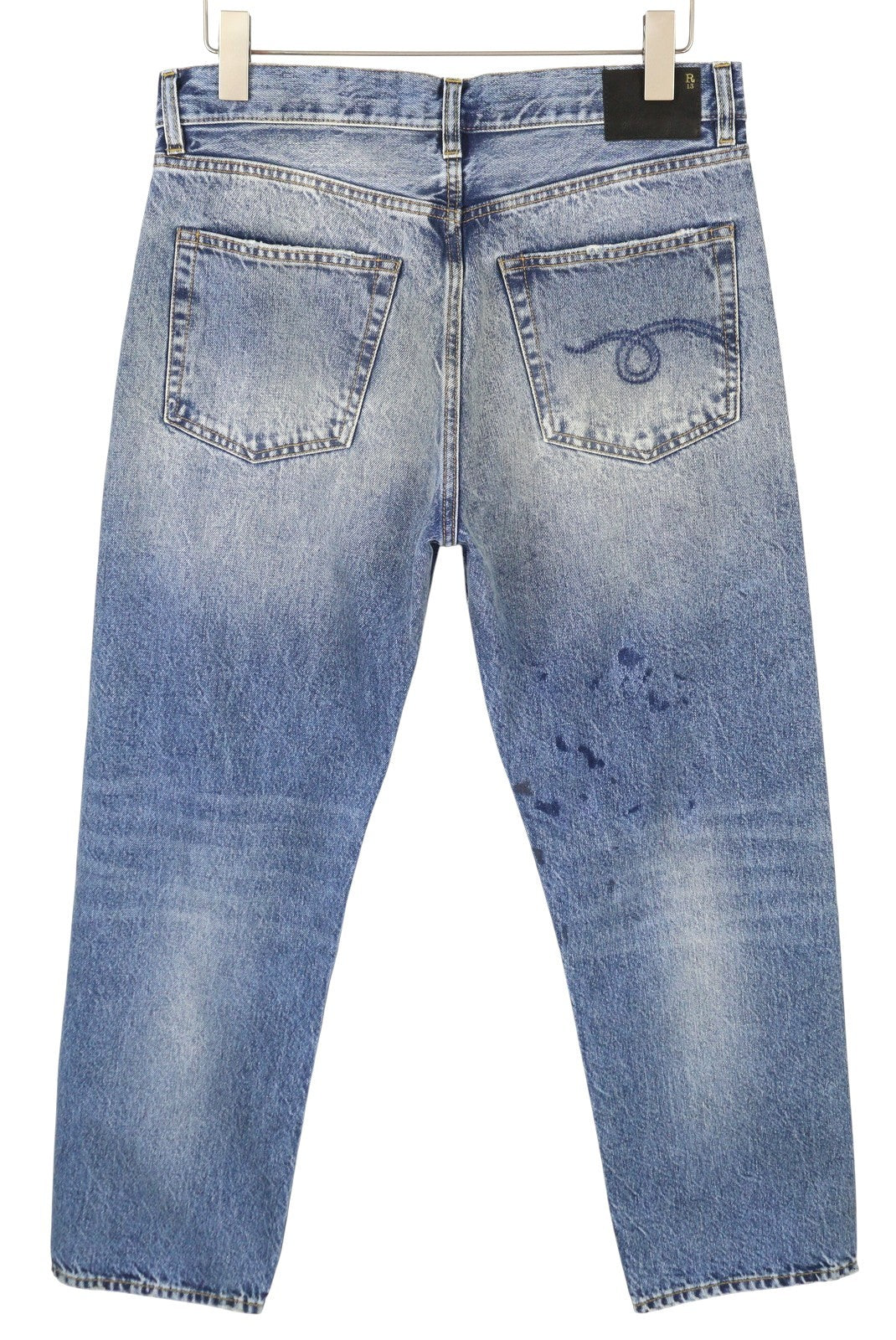 R13 Boyfriend Women Jeans 27 Jasper Whiskers Faded Cropped Zip Blue Denim PF25