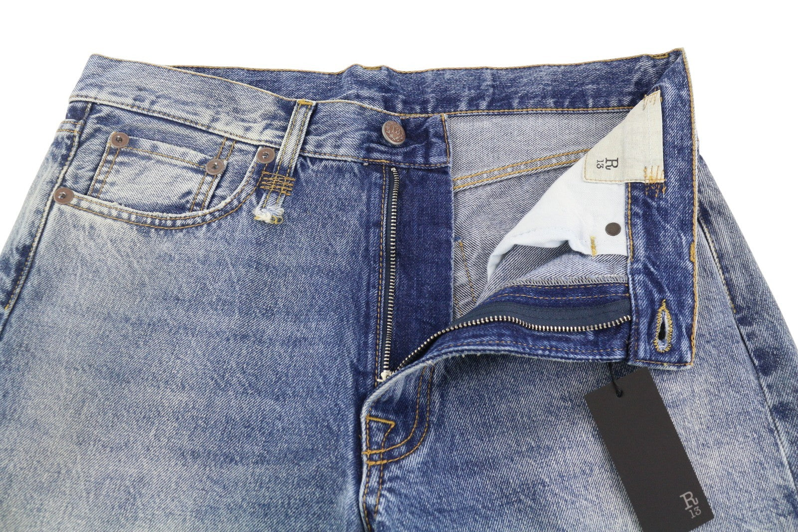 R13 Boyfriend Women Jeans 27 Jasper Whiskers Faded Cropped Zip Blue Denim PF25