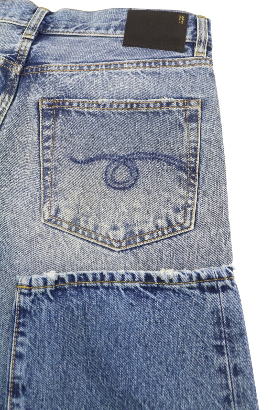 R13 Boyfriend Women Jeans 27 Jasper Whiskers Faded Cropped Zip Blue Denim PF25