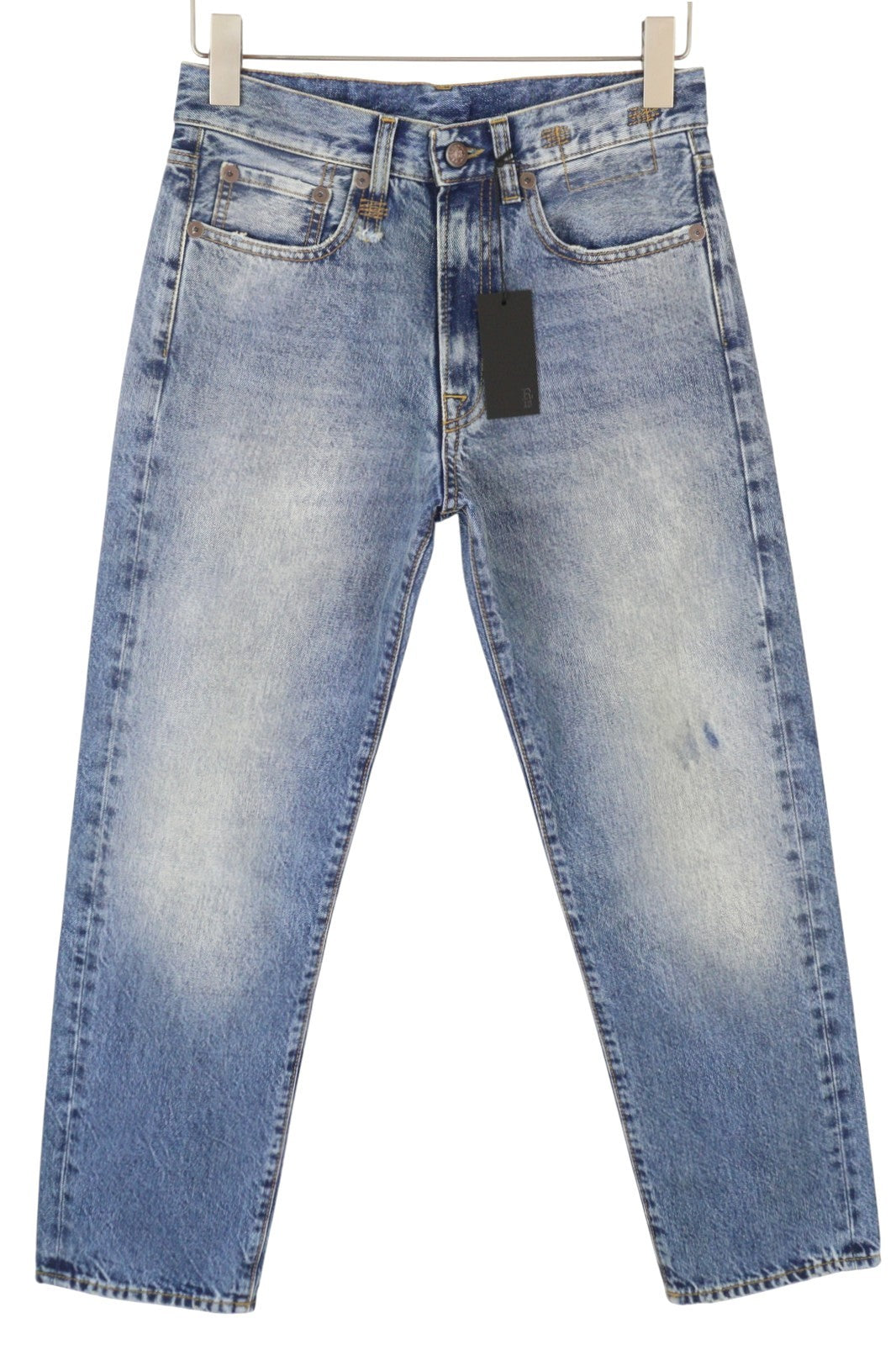 R13 Boyfriend Women Jeans 23 Jasper Whiskers Faded Cropped Zip Blue Denim PF25