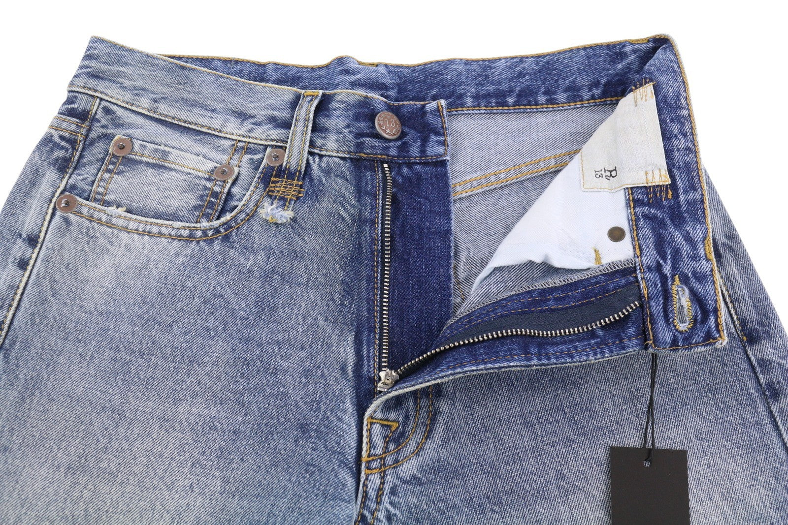 R13 Boyfriend Women Jeans 23 Jasper Whiskers Faded Cropped Zip Blue Denim PF25