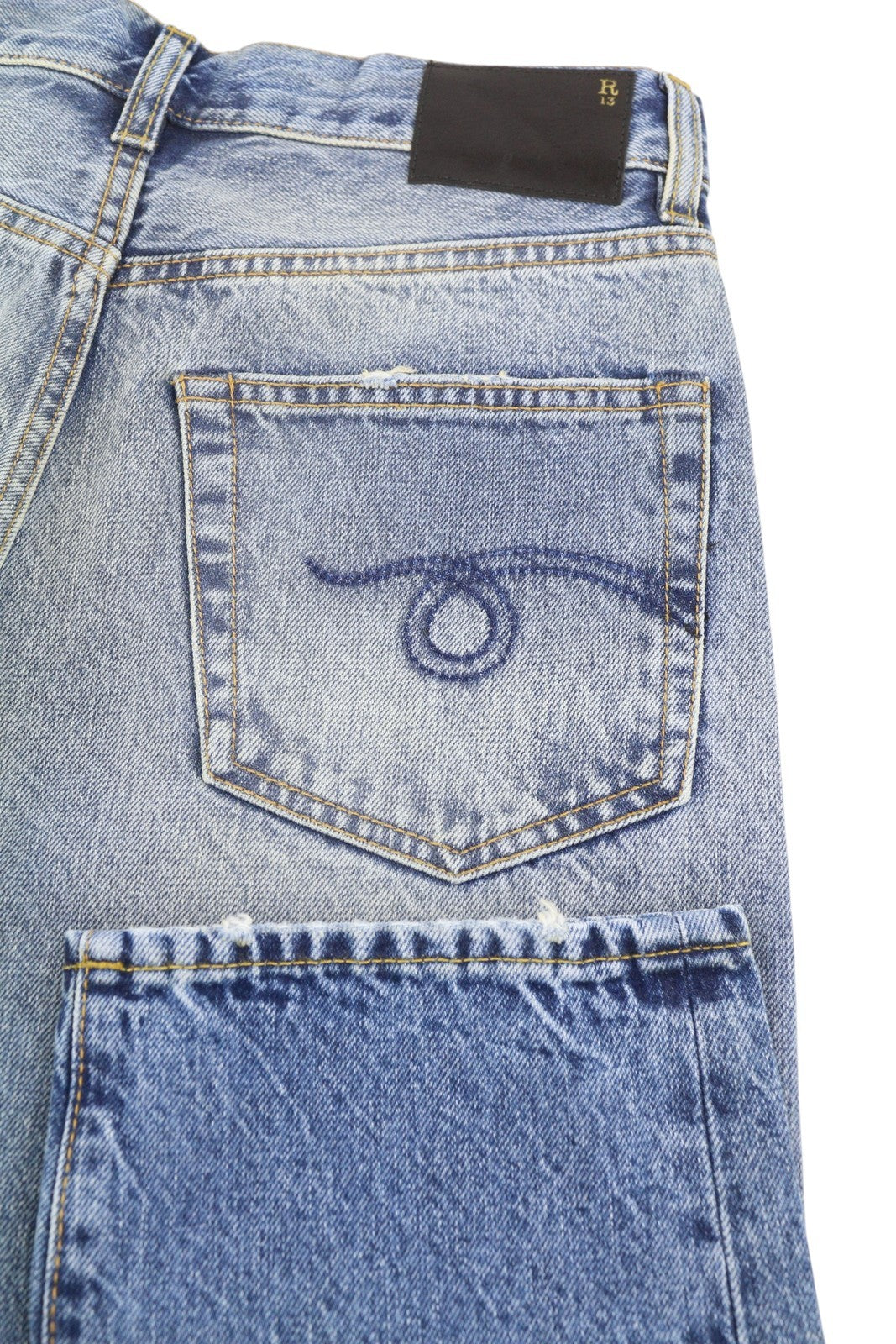 R13 Boyfriend Women Jeans 23 Jasper Whiskers Faded Cropped Zip Blue Denim PF25