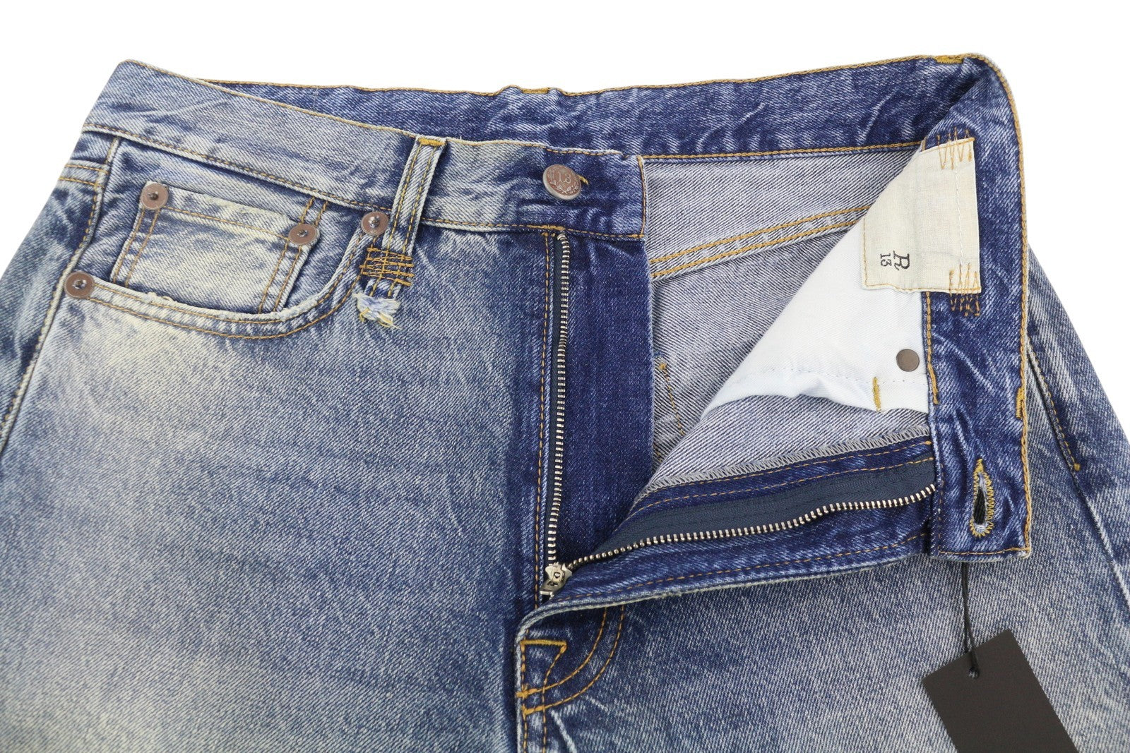 R13 Boyfriend Women Jeans 26 Jasper Whiskers Faded Cropped Zip Blue Denim PF25