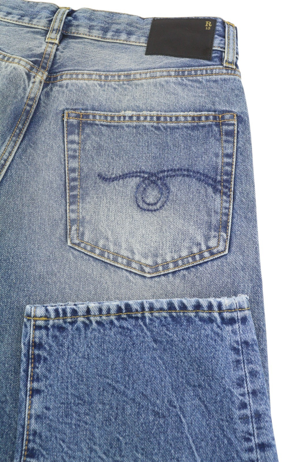 R13 Boyfriend Women Jeans 26 Jasper Whiskers Faded Cropped Zip Blue Denim PF25