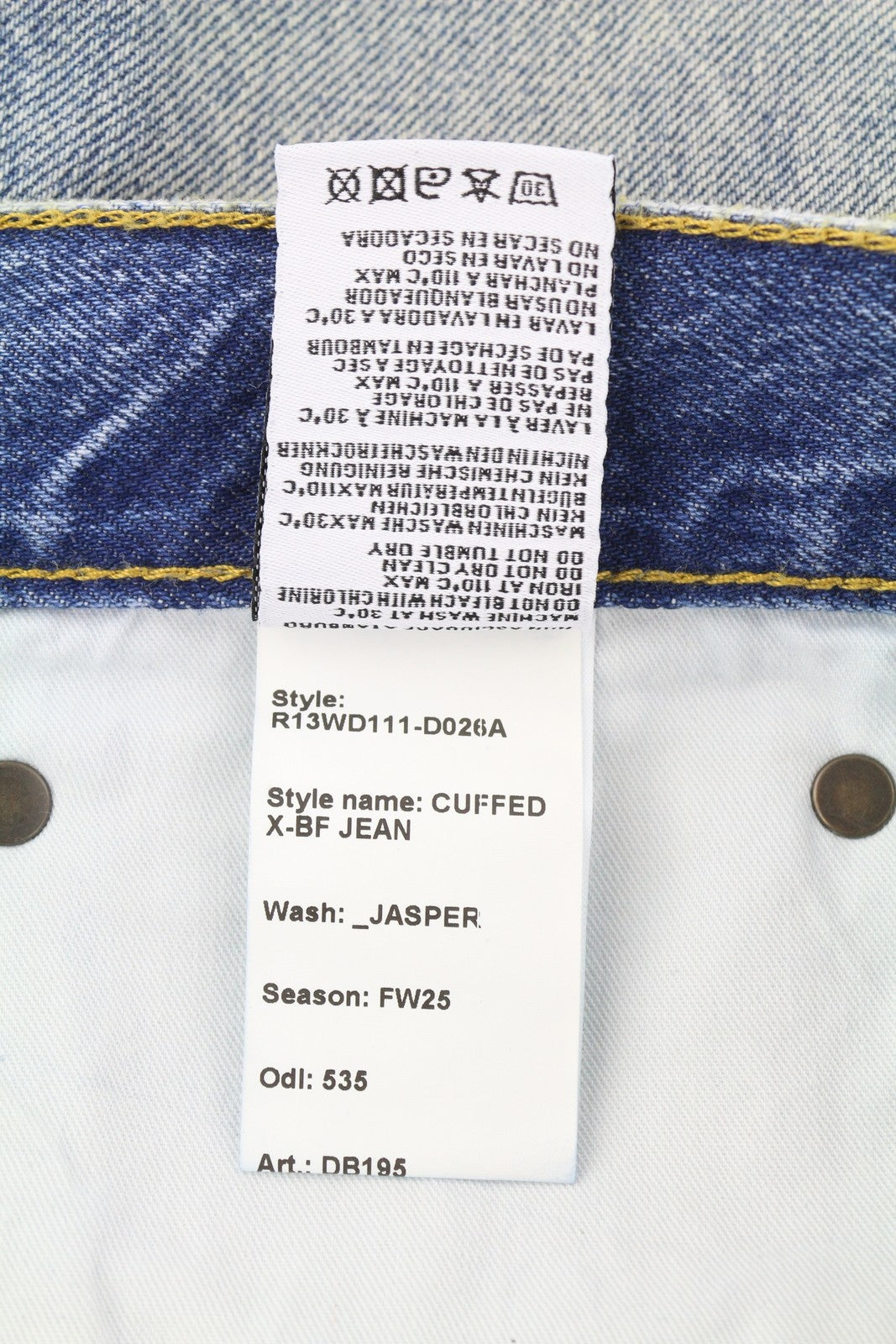 R13 Cuffed X-BF Women Jeans 31 Jasper Straight Whiskers Faded Blue Zip FW25