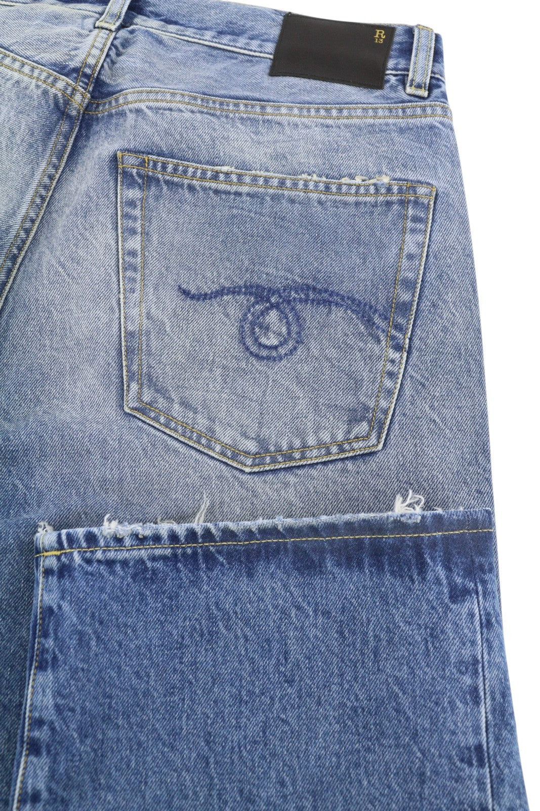 R13 Cuffed X-BF Women Jeans 28 Jasper Straight Whiskers Faded Blue Zip PF25