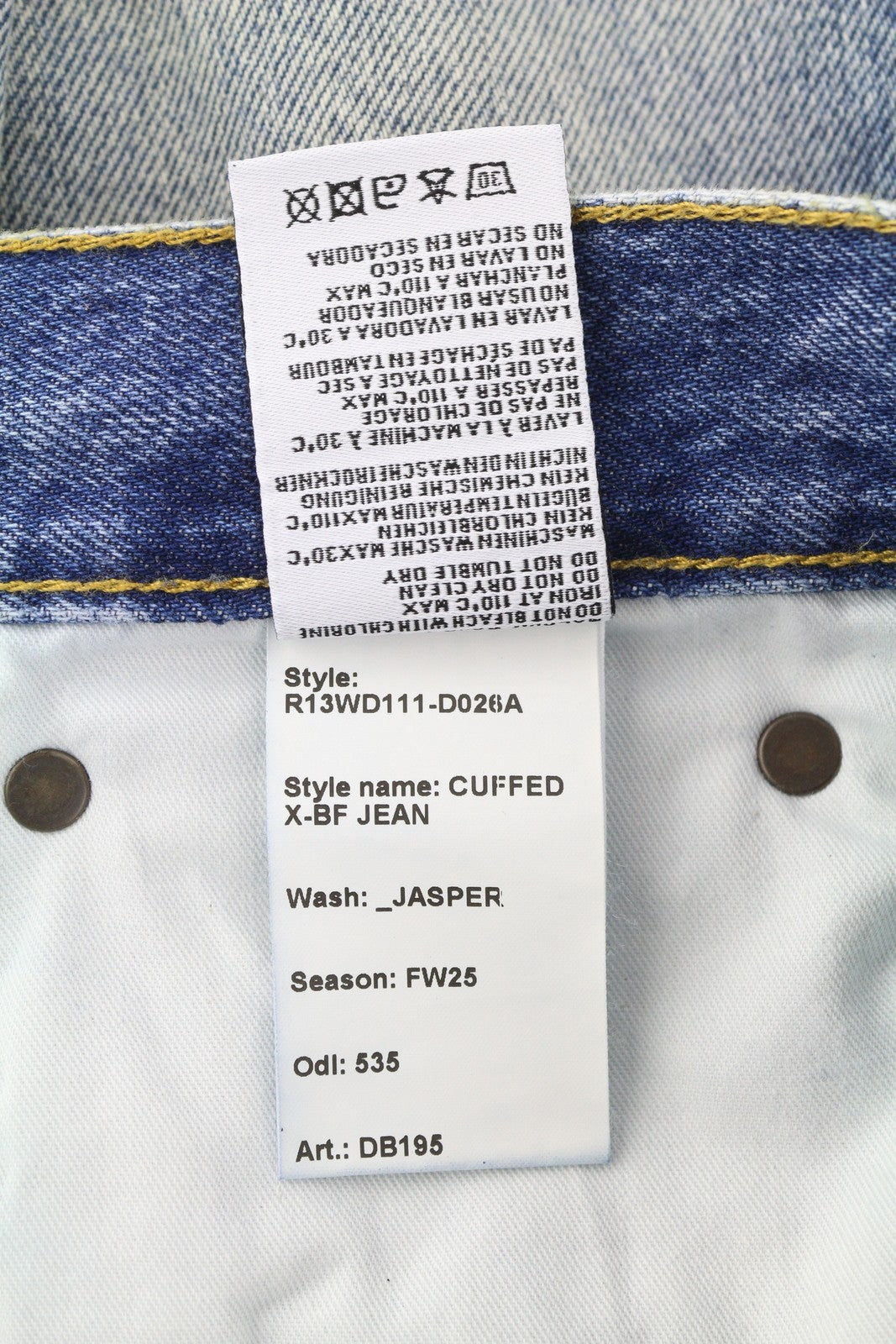 R13 Cuffed X-BF Women Jeans 25 Jasper Straight Whiskers Faded Blue Zip FW25