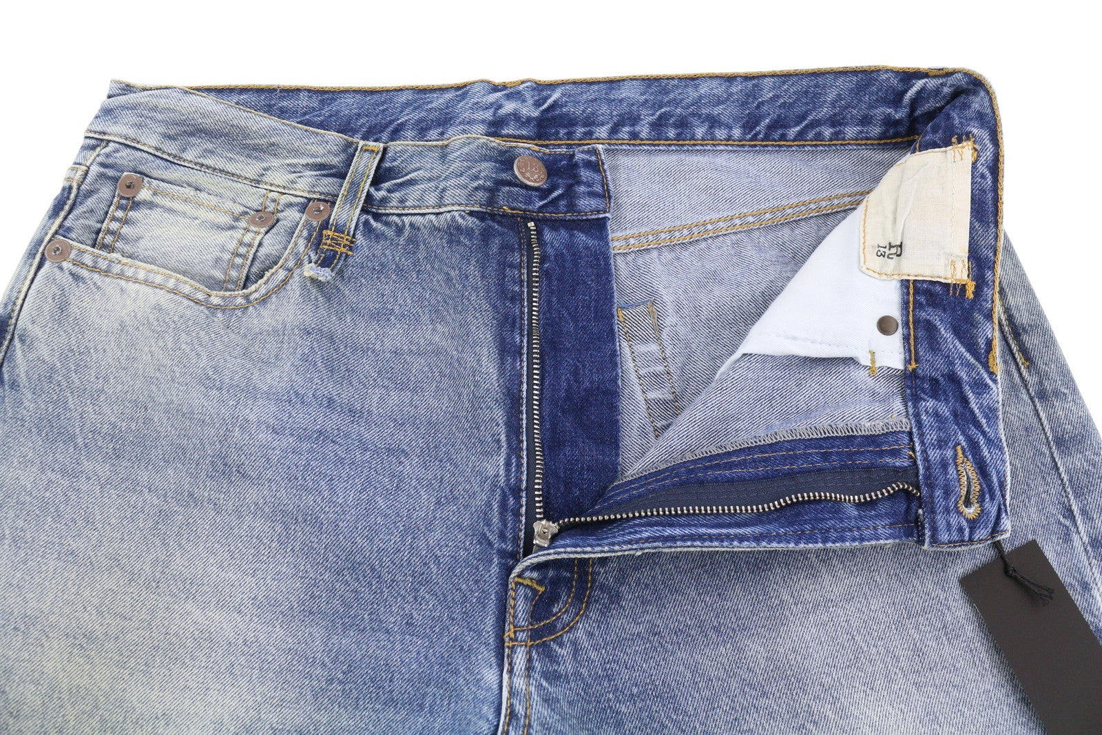 R13 Boyfriend Women Jeans 30 Jasper Straight Fit Whiskers Faded Blue Zip FW25