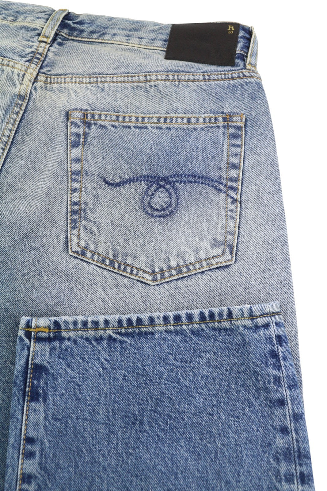 R13 Boyfriend Women Jeans 30 Jasper Straight Fit Whiskers Faded Blue Zip FW25